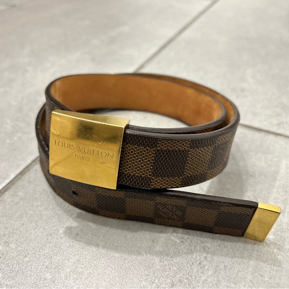 1000% Authentic Vintage Louis Vuitton Brown Checkered Belt with Gold Buckle